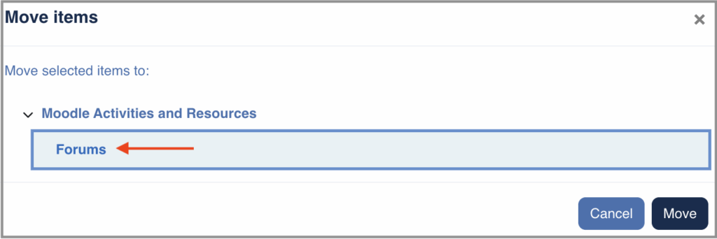 Screenshot of the move items popup window with a red arrow pointing to a category name. 